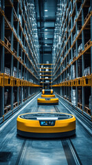 Poster - A warehouse with three robots in the middle of the aisle. The robots are yellow and black. The warehouse is very large and empty