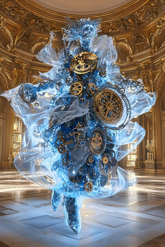 Blue Clockwork Sculpture in Gold Palace Setting