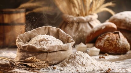 Aufkleber - Discover the art of bread making with flour sacks and freshly prepared dough for delicious homemade loaves Generative AI