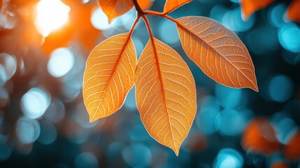 Wall Mural - Three orange leaves backlit against a blurred turquoise bokeh background