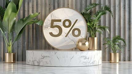 Fototapete - Elegant marble stone podium featuring 5 percent sign with lush green plants in a modern interior space Generative AI