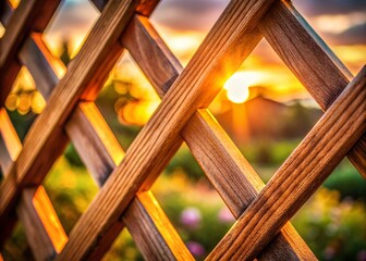 Wall Mural - Bokeh Lights Through Wooden Lattice Fence at Sunset - Stock Photo