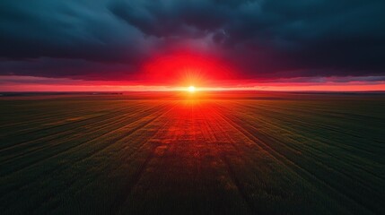 Wall Mural - Vibrant sunset over field, dark clouds above, brilliant light breaking through
