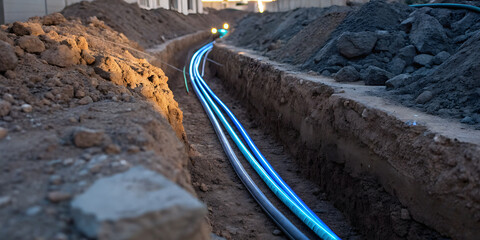Concept of fiber optic in construction site. glowing fiber cables in a freshly cut trench