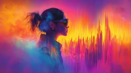 Wall Mural - woman in shades, abstract vivid colors, surreal dreamlike, fantasy cityscape art