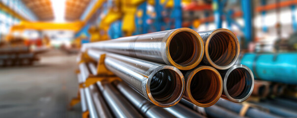 Poster - stack of shiny carbon steel pipes is neatly arranged in industrial setting, showcasing their metalli
