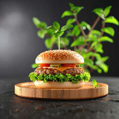 Poster - delicious plant based burger sits on wooden plate, garnished with fresh lettuce, tomato, and pickles, against backdrop of green plants, highlighting eco friendly dining concept