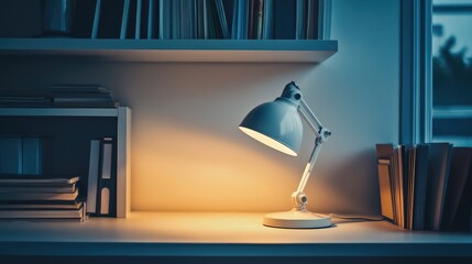 Poster - Sleek white LED desk lamp in a contemporary home office, soft glow, minimal decor, copy space.