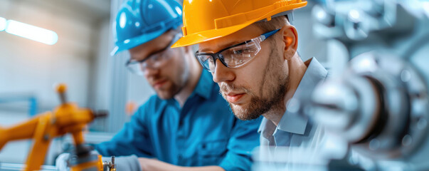 Poster - Two engineers wearing safety helmets and glasses focus intently on operating machinery in modern industrial setting. environment is bright and organized, reflecting precision and teamwork