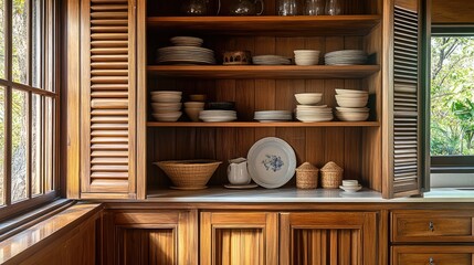 Poster - Storage cabinet with a rustic wooden design, open shelving, and ample space for organized storage in a cozy home environment.