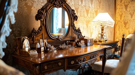 Poster - Vintage-inspired dressing table with an ornate mirror, soft lighting, and a classic wooden finish, cozy and elegant.