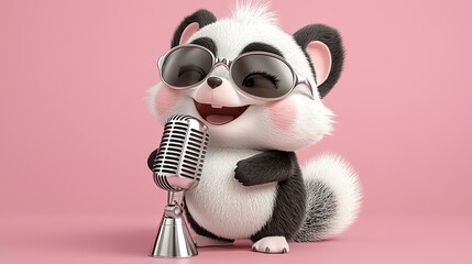 Wall Mural - cute fluffy panda in sunglasses singing into a vintage microphone