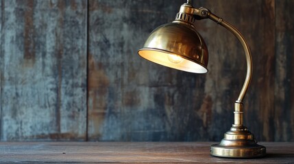 Poster - Vintage brass desk lamp with a warm Edison bulb, rustic decor, high contrast, open composition.