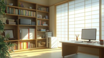 Poster - White storage cabinet with simple lines, open shelves, and neatly organized storage, perfect for a bright and airy living space.