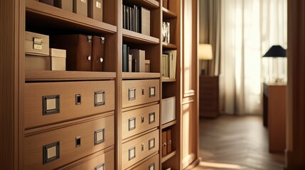 Poster - Wooden storage cabinet with multiple drawers and shelves, cleanly organized with no clutter in a well-lit room.