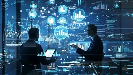 Poster - Businessmen analyzing data on a futuristic holographic screen.