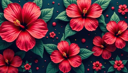 Wall Mural - Bold hibiscus motif, repeating design, rich color palette , blossom, elegant, texture