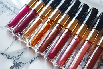Poster - Colorful lip gloss and lipstick tubes elegantly displayed on a marble surface showcasing rich shades for beauty enthusiasts Generative AI