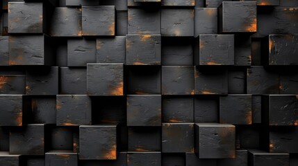 Poster - High contrast composition of black cubes featuring gold accents creates a striking modern aesthetic. The glossy finish enhances reflections and shadows emphasizing depth and detail.