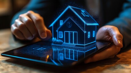 Poster - Businessman showcasing a virtual house model on a tablet in a modern office setting