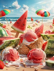 Aufkleber - Delicious watermelon-flavored ice cream and popsicles on a sunny beach with playful elements creating a perfect summer vibe Generative AI