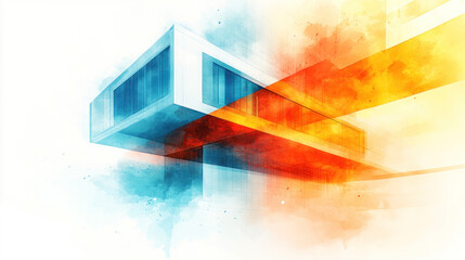 Poster - A building with a blue and red stripe on it. The blue and red colors are contrasting and create a sense of energy and movement. The building appears to be modern and sleek, with large windows