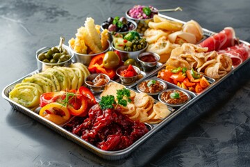 Aufkleber - Delicious assortment of snacks and appetizers displayed on a tray ideal for catering and dining experiences Generative AI