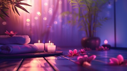 Aufkleber - Serene ambiance for relaxation with candles, towels, and flowers in a calming spa setting at dusk Generative AI