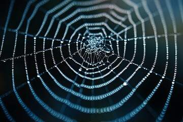 Delicate spider web displays many tiny glistening water droplets clearly