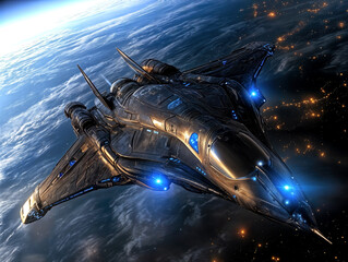 Wall Mural - A sleek, advanced spacecraft glides through the darkness of space, illuminated by blue lights. Below, vibrant city lights twinkle on Earth, creating a stunning contrast against the black expanse.