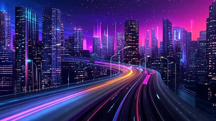 Poster - Futuristic city at night with vibrant neon lights and a highway with light trails.