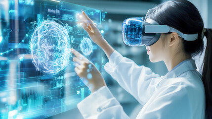 Poster - Exploring virtual reality technology in a modern lab interactive science experience futuristic environment close-up view