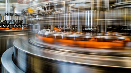 Poster - A blurry image of a factory with a machine that is making bottles. The bottles are orange and the machine is spinning