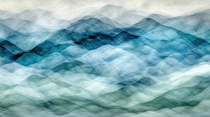 Poster - A mountain range with blue and white colors. The waves in the painting are very long and the mountains are very tall. The painting has a calm and peaceful mood