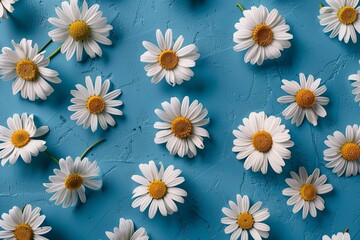 Aufkleber - Spring and summer chamomile flowers arranged in a pattern on a blue background creating a vibrant and cheerful scene Generative AI