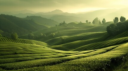 Poster - Explore lush green tea plantations at sunrise with rolling hills and tranquil landscapes. Generative AI