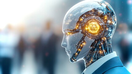 Poster - Futuristic humanoid robot with glowing circuitry in a bustling urban environment