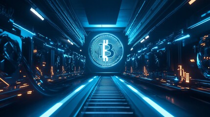 Aufkleber - Bitcoin Cryptocurrency in a Futuristic Digital Tunnel Concept Art