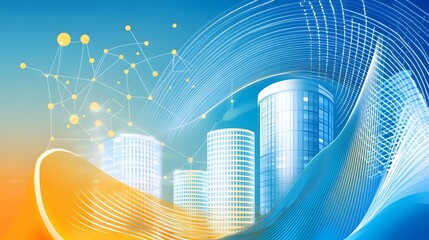 Fototapete - Abstract Cityscape with Dynamic Blue and Orange Lines and Data Network
