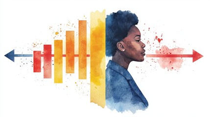 Poster - Strategic Insight: A vibrant watercolor artwork depicts a thoughtful individual, their profile merging with a graph of rising bars and opposing arrows.
