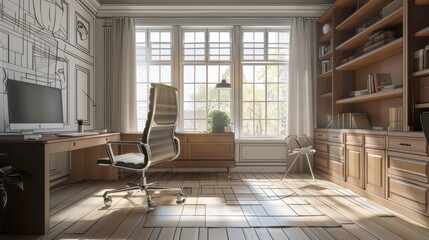 Leinwandbilder - Before renovation, a cozy home office with wooden furniture and sunlight filtering through large windows, showcasing potential for transformation Generative AI