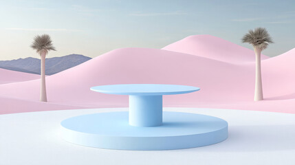 Wall Mural - minimalist scene features blue circular platform set against surreal desert landscape with pink sand