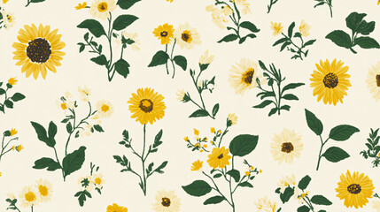  seamless pattern featuring vibrant sunflowers and green leaves on light background, creating cheerful and lively design. arrangement of flowers and foliage adds natural and fresh aesthetic