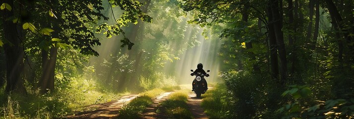 Aufkleber - Motorcycle rider traversing a peaceful forest trail with sunlight filtering through the trees Generative AI