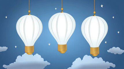 Wall Mural - three glowing light bulbs float in dreamy night sky with clouds and stars, creating whimsical and im
