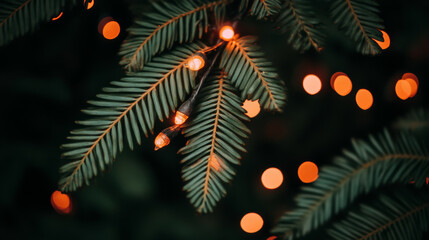 Wall Mural - warm orange lights softly illuminate evergreen branches, creating cozy and festive atmosphere. blurr