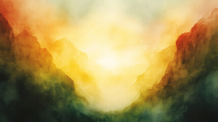 Wall Mural - vibrant watercolor painting depicts serene mountain landscape with warm hues of orange and yellow bl