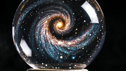 Wall Mural - spiral galaxy inside a crystal ball, isolated on black background, cosmic and surreal, ethereal and 