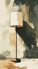 Poster - Elegant Floor Lamp Illuminated in a Room with Abstract Textured Wall Backdrop and Artistic Design