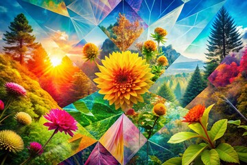 Sticker - double exposure abstract design: geometric shapes & nature elements